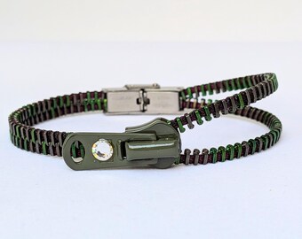 Maroon and Olive Green - Adjustable Single Zipper Bracelet