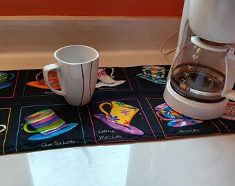 Coffee Bar Mat Runner Set with Matching Mug Coasters or Snack Mat Coffee Cups Kitchen Mat