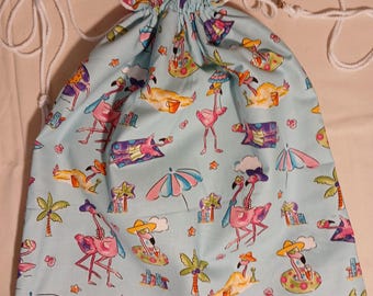 Drawstring Bag Tote, Flamingos on the Beach, Boat Bag Re-usable Gift Bag, Lined,Travel Bag, Shoe Bag, Kindle, IPad Bag