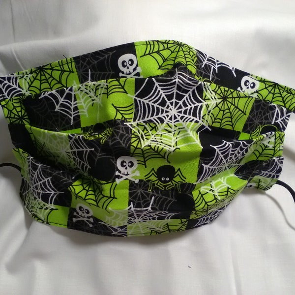 Face Mask Halloween, Double Layer, Spider Webs, Skeletons, Spooky,  Seasonal, 100% cotton,  Reversible, Pleated, Re-usable, Washable,