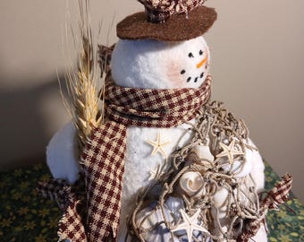 Snowman chubby handmade, winter, Nautical, beach, ocean, seaside Christmas doll,  Holiday Gift Winter decor Holidays, country farmhouse