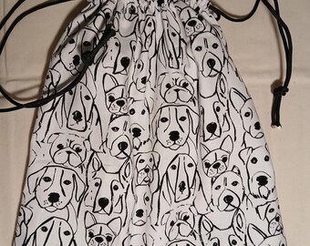 Drawstring Bag Tote Dog, Puppies, Pets, Dog Faces Re-usable Gift Bag, Lined,Travel Bag, Shoe Bag, Kindle, IPad Bag