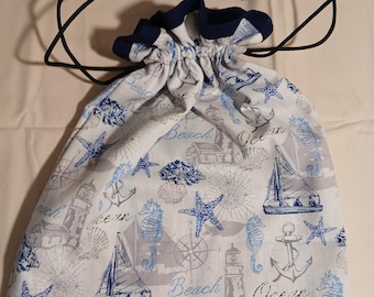 Drawstring Bag Tote Beach, Ocean, Sailboats, Nautical, Lighthouse, Boat Bag Re-usable Gift Bag, Lined,Travel Bag, Shoe Bag, Kindle, IPad Bag