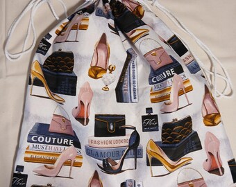 Drawstring Bag Couture, high heels, fashion bag, Re-usable Gift Bag, Lined,Travel Bag, Shoe Bag, Kindle, IPad Bag