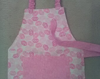 Apron  Toddler or Youth Lined Montessori, Pink & Red Lips, Valentine Baking, Crafts, Gardening, Kitchen, Handmade, Cooking