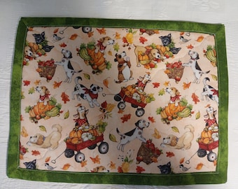Reversible Fall Trivet,  Hot Mat Thanksgiving Fall Autumn Dogs in Wagons