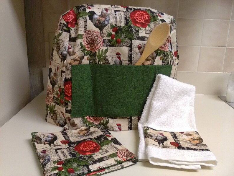 Gift Set Mixer Cover Towel Pot Holder Kitchenaid Sunbeam Oster Bridal Shower Roosters Farm Country Rustic Cottage Kitchen Linen