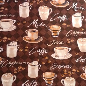 May include: Brown fabric with a repeating pattern of coffee cups, coffee beans, and coffee-related words like "Cappuccino" and "Latte" in white script. The background is a dark brown checkered pattern.