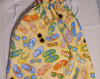 Drawstring Bag Tote Beach, Ocean, Flip Flops, Boat Bag Re-usable Gift Bag, Lined,Travel Bag, Shoe Bag, Kindle, IPad Bag