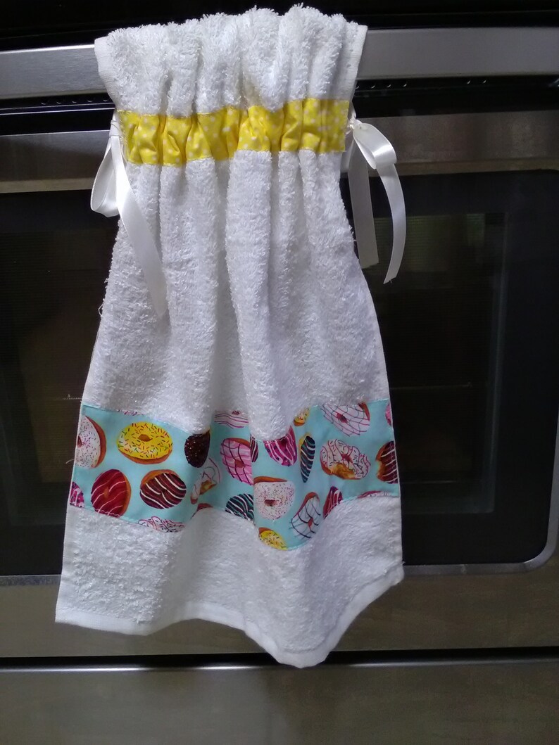Towel Stay Put Kitchen Hand Handmade Donuts Sweets Bow Tied Oven Baking Linen Gift Hanging Ribbon Tie