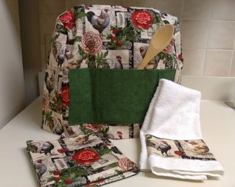 Appliance Gift Set Mixer Cover, Hand Towel, Set of Two Pot Holders Dust Cover,  kitchen linen Optional Pocket, French Roosters