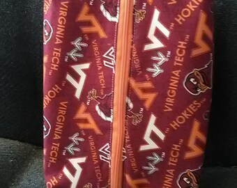Pouch, Cosmetic, travel, Personals, Zippered sewing kit, pen/pencil case, handmade fully lined, medicine, Virginia Tech Hokies ACC Sports