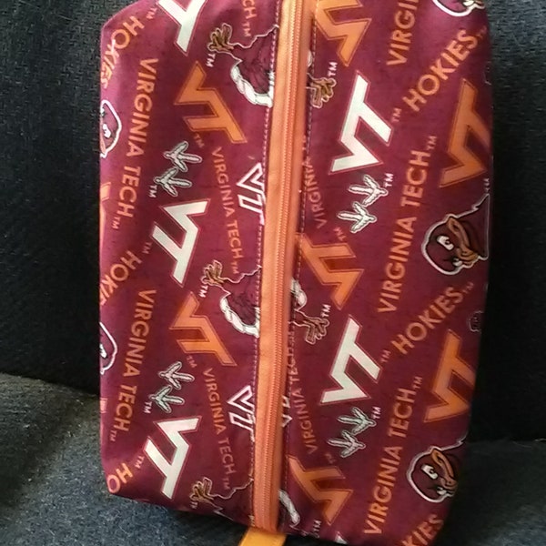 Pouch, Cosmetic, travel, Personals, Zippered sewing kit, pen/pencil case, handmade fully lined, medicine, Virginia Tech Hokies ACC Sports