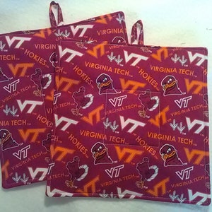Pot Holders Set of 2 square quilted insulated Virginia Tech, Hokies, Va. Tech NCAA football college, cooking baking trivet hot pot kitchen