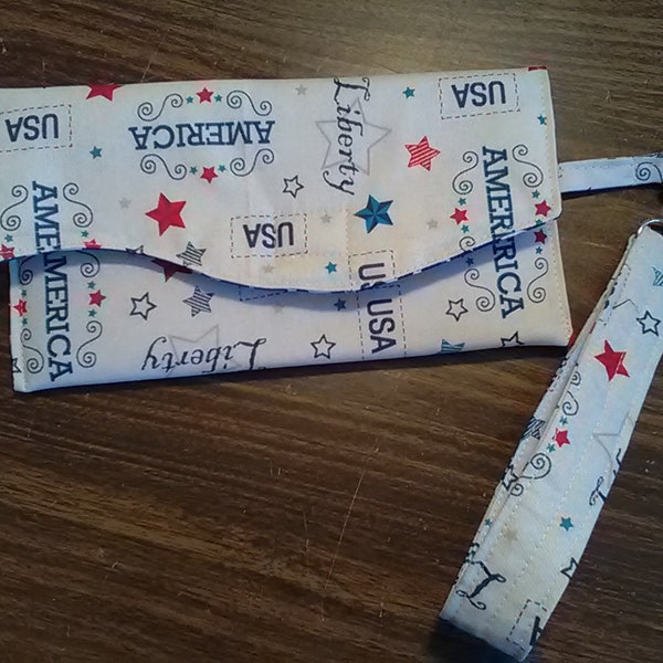 Purse Clutch Phone, Patriotic, America, Liberty, Lined, Velcro Closure, Detachable Wristlet Key Fob, Fabric Pocketbook, Lined, Small Purse