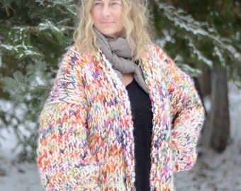 Hand knitted Merino wool Sweater. Extra large cardigan.  Soft sweater