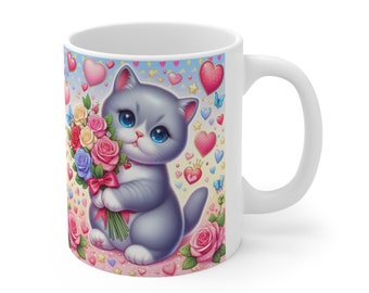 You Make Me Smile Cute Ceramic Mug 11oz Valentine's Day - Blue British Shorthair kitten Gift Girlfriend Woman Wife Colleague