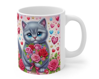 Love You to the Moon and Back - Cute Blue British Shorthair kitten Valentine's Day Ceramic Mug 11oz Gift Girlfriend Woman Wife Crush