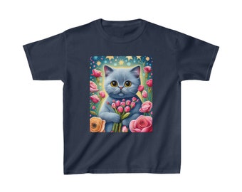 Kids T-Shirt Blue BRITISH SHORTHAIR Kitten Heavy Cotton™ Tee Gift for a Cat Lover, Birthday / US cotton
