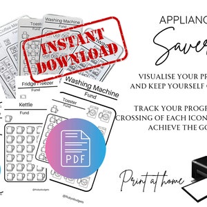 Könnte beinhalten: Ein druckbarer Haushaltsgeräte-Spar-Tracker mit einem schwarz-weißen Design. Der Tracker enthält Symbole für einen Wasserkocher, eine Kaffeemaschine, eine Spülmaschine, eine Waschmaschine, einen Kühlschrank mit Gefrierfach und einen Toaster. Der Text "INSTANT DOWNLOAD" befindet sich in einem roten Stempel auf dem Bild. Der Text "Print at home" ist in schwarzer Kursivschrift geschrieben. Ein schwarz-weißes Bild eines Druckers befindet sich in der rechten unteren Ecke des Bildes.