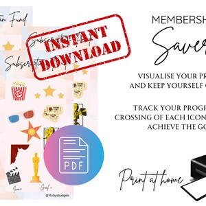 Puede incluir: Ahorradores de membresía imprimibles digitales con temática de películas. El diseño incluye palomitas de maíz, gafas 3D, estrellas, rollos de película e iconos PDF. El texto incluye "Subscription Fund", "Instant Download" y "Membership Savers". También se muestra una impresora.