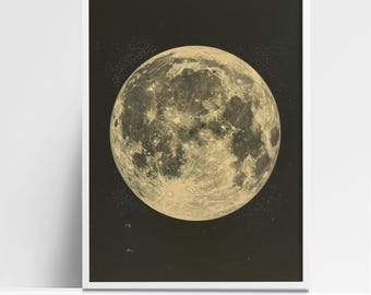 Puede incluir: Una ilustración vintage en blanco y negro de una luna llena con una textura de superficie detallada. La luna está rodeada de un fondo oscuro con pequeñas estrellas blancas.