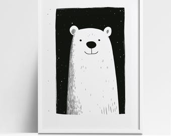 Polar Bear Art Print: Minimalist Black and White Scandinavian Decor