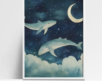 Whales in the Night Sky Watercolor Art Print - Dreamy Celestial Ocean Scene, Whimsical Wall Decor
