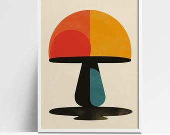 Bauhaus-Inspired Mushroom Art Print - Modern Geometric Abstract Wall Decor, Minimalist Retro Design