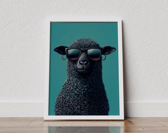 Cool Black Sheep Art Print: Sunglasses & Piercings, Quirky Home