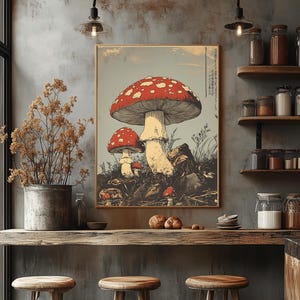 Japanese woodcut-style art print of red Amanita mushrooms with vintage botanical detailing. Perfect for nature and mushroom art lovers.
