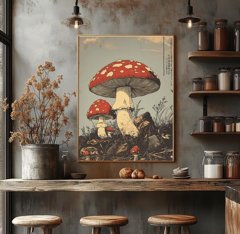 Japanese woodcut-style art print of red Amanita mushrooms with vintage botanical detailing. Perfect for nature and mushroom art lovers.