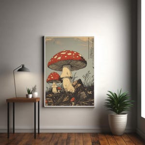 Japanese woodcut-style art print of red Amanita mushrooms with vintage botanical detailing. Perfect for nature and mushroom art lovers.