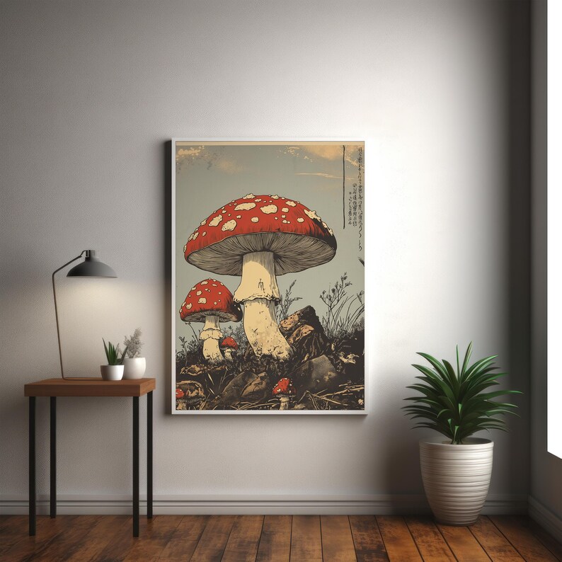 Japanese woodcut-style art print of red Amanita mushrooms with vintage botanical detailing. Perfect for nature and mushroom art lovers.