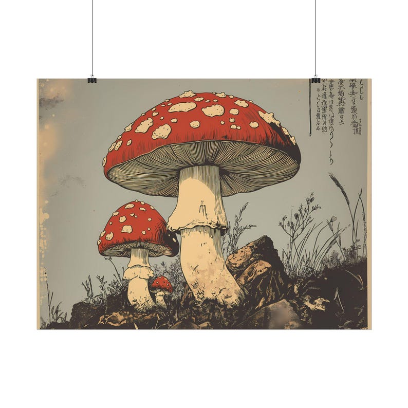 Japanese woodcut-style art print of red Amanita mushrooms with vintage botanical detailing. Perfect for nature and mushroom art lovers.