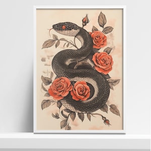 Snake and Roses Art Print - Traditional Tattoo-Inspired Wall Decor