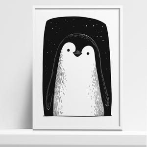 Minimalist Penguin Art Print – Cute Black and White Illustration for Kids’ Room, Scandinavian Animal Wall Art