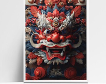 Exquisite Balinese Mask with Japanese Art Elements - Detailed Cultural Art Print