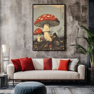 Japanese woodcut-style art print of red Amanita mushrooms with vintage botanical detailing. Perfect for nature and mushroom art lovers.