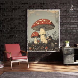 Japanese woodcut-style art print of red Amanita mushrooms with vintage botanical detailing. Perfect for nature and mushroom art lovers.