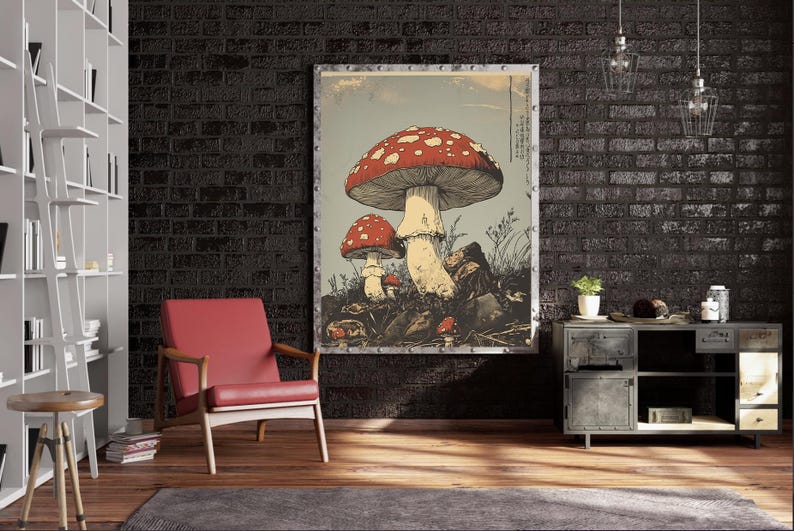 Japanese woodcut-style art print of red Amanita mushrooms with vintage botanical detailing. Perfect for nature and mushroom art lovers.
