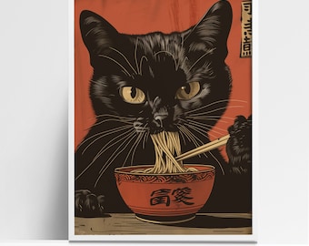 Black Cat Eating Noodles Art Print - Japanese Edo Style Poster - Unique Cat Lover Decor for Home or Office