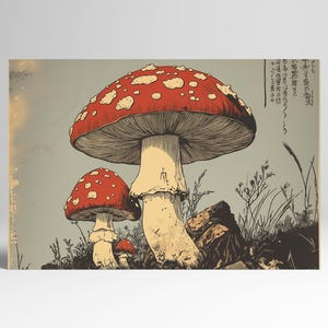 Japanese woodcut-style art print of red Amanita mushrooms with vintage botanical detailing. Perfect for nature and mushroom art lovers.