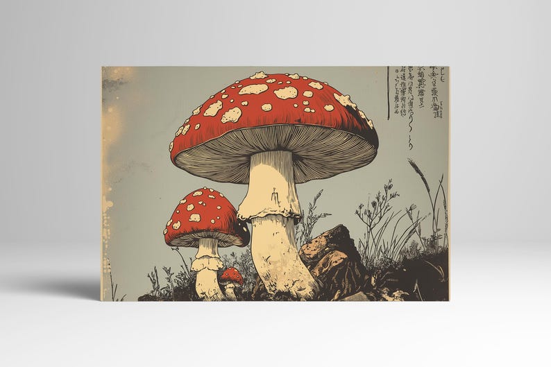 Japanese woodcut-style art print of red Amanita mushrooms with vintage botanical detailing. Perfect for nature and mushroom art lovers.