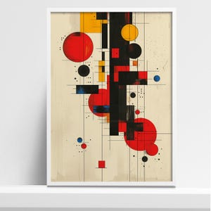 Bauhaus Geometrischer Abstrakter Kunstdruck - Modernes minimalistisches Wanddekor - Rot, Schwarz, Gelber Kreis und Quadrat Poster Mid-Century Modern Design