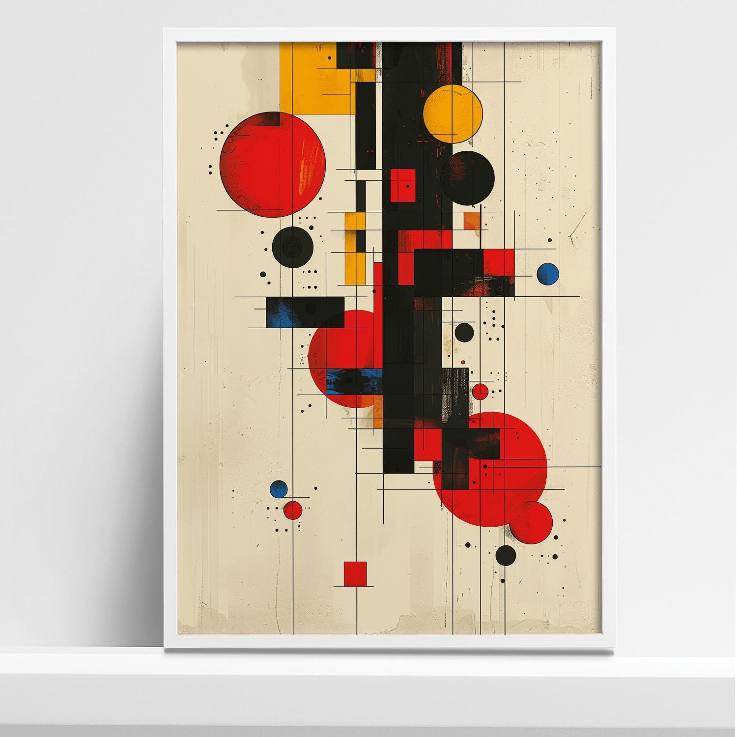 Bauhaus Geometric Abstract Art Print - Modern Minimalist Wall Decor - Red, Black, Yellow Circle and Square Poster Mid-Century Modern Design