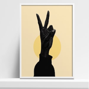 Peace Hand Sign Giclée Art Print - Minimalist Black and Yellow Poster - Modern Wall Decor for Home or Office