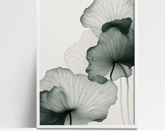 Elegante lámina artística de hojas de loto: decoración minimalista de pared botánica en tonos verdes