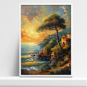 Mediterran Sonnenuntergang Küsten Kunstdruck - Lebendige Küstenlandschaft Poster - Gelassenes Wohndekor für Naturliebhaber