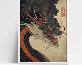 Japanese Dragon Art Print: Fierce Red and Black Dragon, Mythology Decor